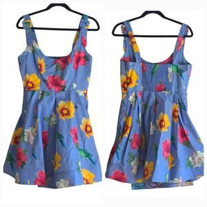 Maeve by Anthropologie Printed Mini Dress sz M Blue, Hibiscus Flowers & Parrots